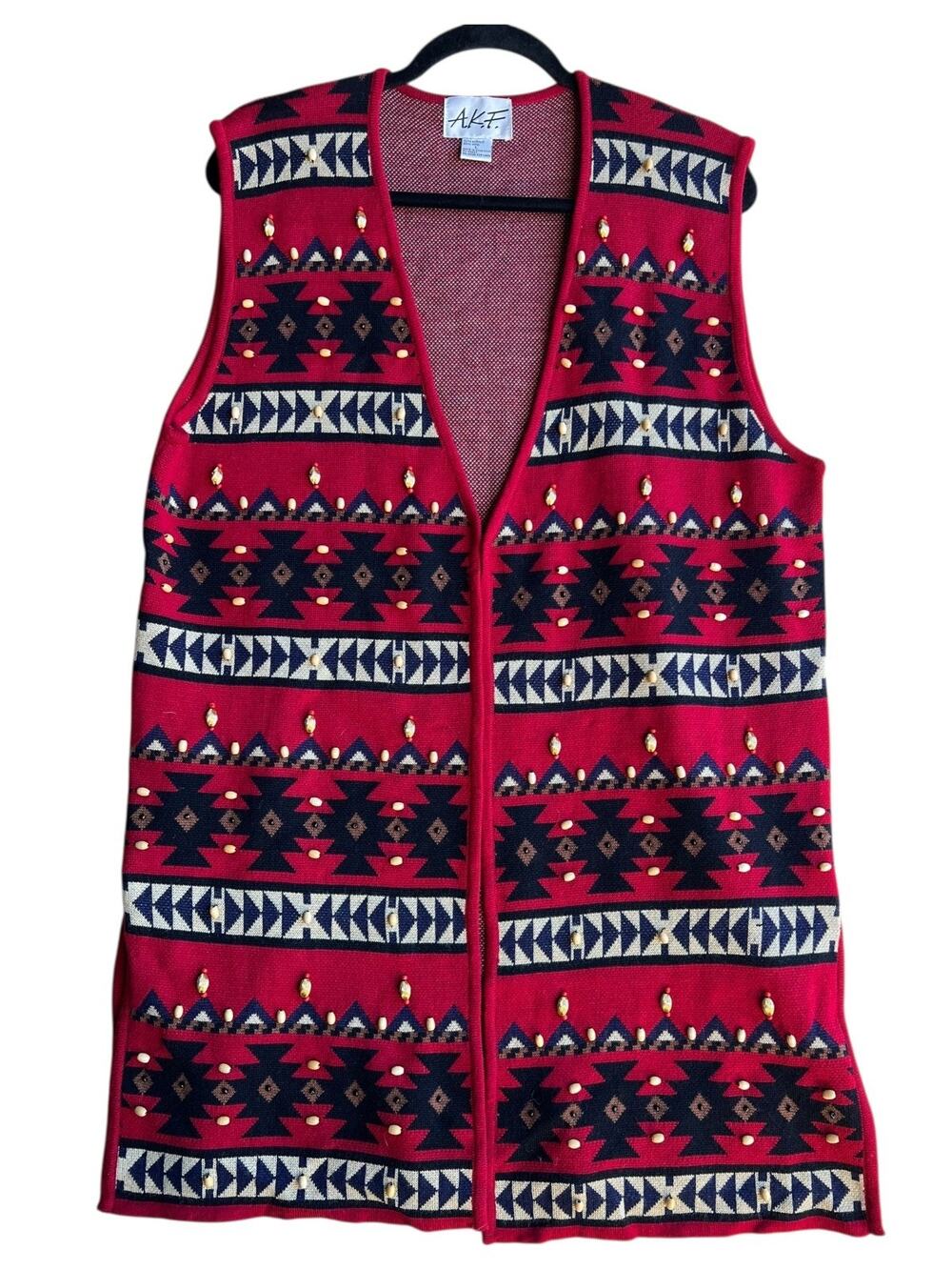 A. K. F. Women's LARGE Southwestern Native American Geometric Beaded Red Vest